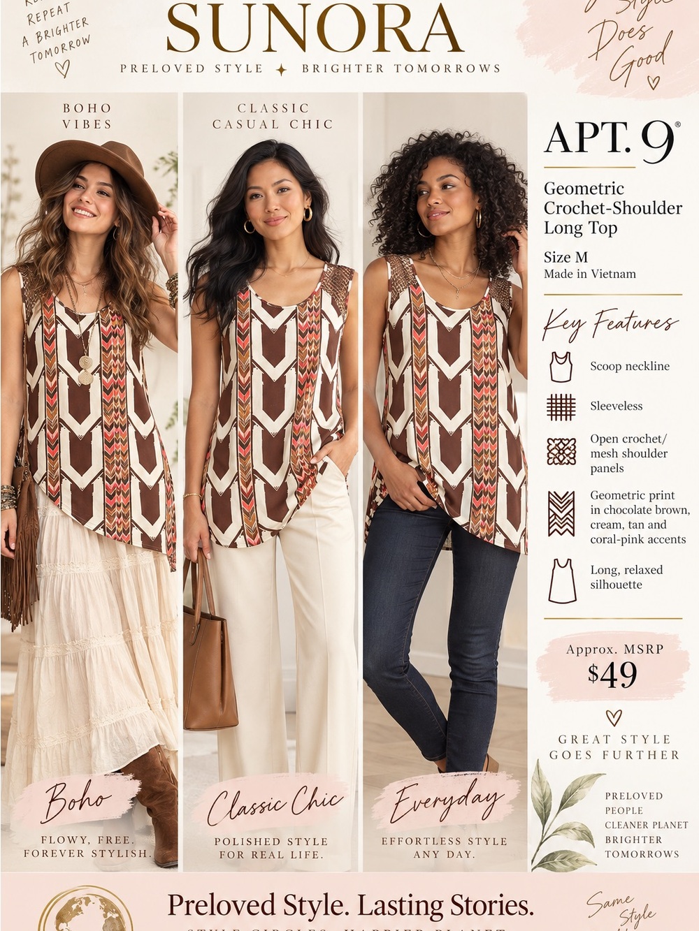 Apt. 9 Geometric Crochet-Shoulder Tank — Brown, Cream & Coral-Pink Accents
